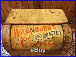 1880s vtg Antique WASHBURN'S Dry Roasted Coffee Store Display Bin TIN Toleware