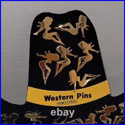 24 Vintage 1970s Gold Metal Mudflap Girl Pin Cowboy Hat STORE DISPLAY Lapel Pins