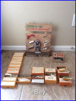 50s SHUREBITE WOODEN STORE DISPLAY FROG, LURE BOX WITH LURES, BRONSON MICHIGAN