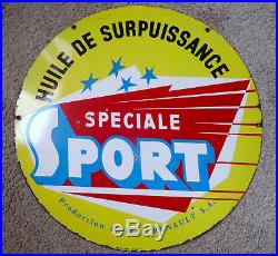 Ancienne plaque émaillée bidon RENAULT sport oil vintage garage enamel sign