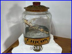 Antique CURTISS CHICOS SPANISH PEANUTS GLASS JAR 5 Cent Country Store Display