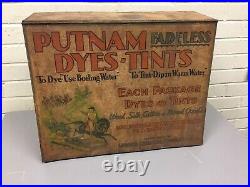 Antique Vtg Putnam Dyes Tints Tin Wood Store Display Cabinet Advertising 19 X 14