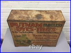 Antique Vtg Putnam Dyes Tints Tin Wood Store Display Cabinet Advertising 19 X 14
