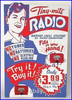Crystal Radio Sign TIny-Mite Vintage w Radios Standee Store Display 1950s