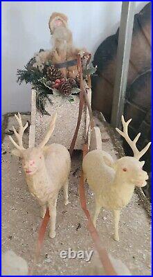 German Putz Christmas Store Display Sled Santa Deer Antique LARGE