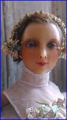 Gorgeous, Antique, WAX mannequin head, girl, child, glass eyes, implanted real hair