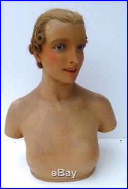 Gorgeous antique WAX mannequin bust, wax head, blue glass eyes, real hair, France