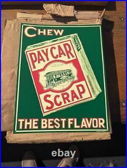 MAKE OFFER! Vintage Pay Car Scrap Tobacco Train Metal Sign NOS WithWax Paper