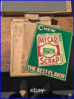 MAKE OFFER! Vintage Pay Car Scrap Tobacco Train Metal Sign NOS WithWax Paper