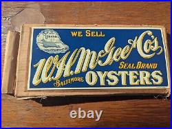 MAKE OFFER! Vintage Seal Brand Oysters Embossed Metal Sign NOS WithWax Paper