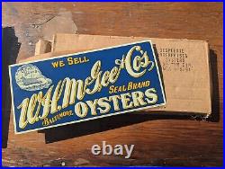 MAKE OFFER! Vintage Seal Brand Oysters Embossed Metal Sign NOS WithWax Paper