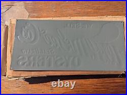 MAKE OFFER! Vintage Seal Brand Oysters Embossed Metal Sign NOS WithWax Paper