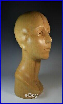 Mannequin Female Head Vintage Art Deco Carved Wood Mold Hat Model Store Display