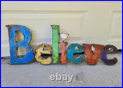 ORIGINAL Vtg 1970s BELIEVE Rust Metal Store Display Barn Sign Spell Out Word