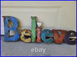 ORIGINAL Vtg 1970s BELIEVE Rust Metal Store Display Barn Sign Spell Out Word