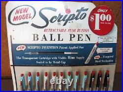 RARE FULL Vintage 12 SCRIPTO PENS INVENTION countertop store DISPLAY sign holder