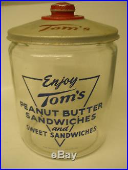 RARE VINTAGE TOM's PEANUT BUTTER SANDWICH GLASS DISPLAY GENERAL STORE METAL LID