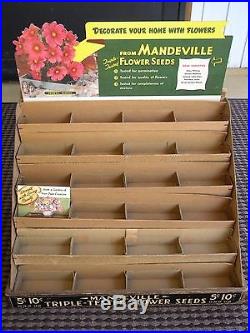 RARE Vintage COMPLETE Mandeville Wooden Seed Box 5 DIE CUT SIGNS & Seed Rack