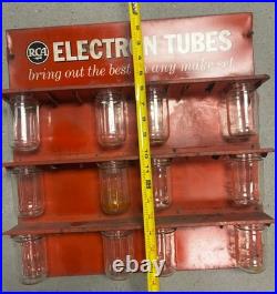 RCA Electron Tubes Display Sign Parts Rack wi 12 Glass Jars Television Vtg