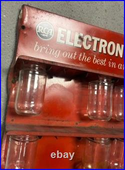 RCA Electron Tubes Display Sign Parts Rack wi 12 Glass Jars Television Vtg