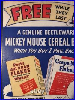 Rare 1930's Vintage Mickey Mouse BREAKFAST CEREAL DISPLAY SIGN FEATURING