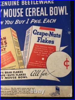 Rare 1930's Vintage Mickey Mouse BREAKFAST CEREAL DISPLAY SIGN FEATURING