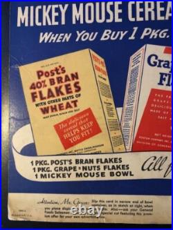 Rare 1930's Vintage Mickey Mouse BREAKFAST CEREAL DISPLAY SIGN FEATURING