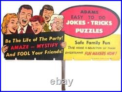 Store Display Sign Adams' Jokes Tricks Puzzles Toys 1957 Vintage Original Magic