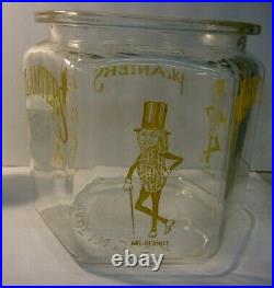 VINTAGE 1930s Glass Hexagon PLANTERS MR. PEANUT Lidded Glass Jar Made in USA