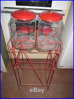 VINTAGE 1940s LANCE 4 JAR CANDY STORE DISPLAY RACK with 4 jars and lids