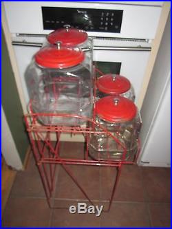 VINTAGE 1940s LANCE 4 JAR CANDY STORE DISPLAY RACK with 4 jars and lids