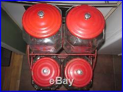 VINTAGE 1940s LANCE 4 JAR STORE DISPLAY RACK with 4 jars and lids