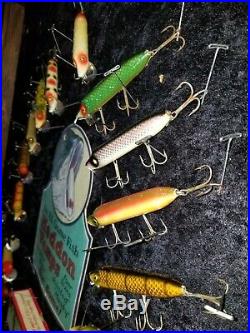 VINTAGE WOOD HEDDON VAMP Collection FISHING LURES with store display Advertising
