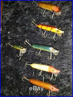 VINTAGE WOOD HEDDON VAMP Collection FISHING LURES with store display Advertising