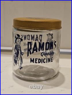 VTG Ramon's Little Doctor Pills Counter Store Display Jar WithTin Containers &Lid