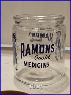 VTG Ramon's Little Doctor Pills Counter Store Display Jar WithTin Containers &Lid