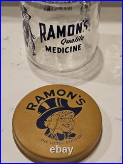 VTG Ramon's Little Doctor Pills Counter Store Display Jar WithTin Containers &Lid