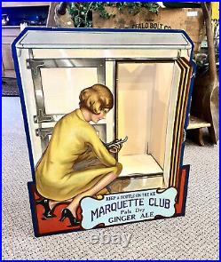 Vintage 1930s Marquette Club Ginger Ale Ice Box Advertising Store Display Sign