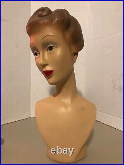 Vintage 1940s Plaster Female Mannequin Head Painted Dept Store Display 1950s