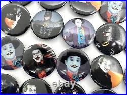 Vintage 1989 Batman Movie Button Pin Pinbacks Box Nicholson Joker Keaton 106 pcs