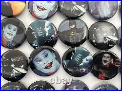 Vintage 1989 Batman Movie Button Pin Pinbacks Box Nicholson Joker Keaton 106 pcs