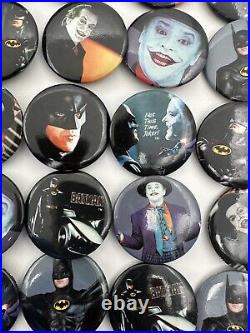 Vintage 1989 Batman Movie Button Pin Pinbacks Box Nicholson Joker Keaton 106 pcs