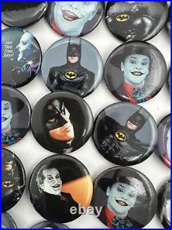 Vintage 1989 Batman Movie Button Pin Pinbacks Box Nicholson Joker Keaton 106 pcs