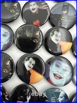 Vintage 1989 Batman Movie Button Pin Pinbacks Box Nicholson Joker Keaton 106 pcs