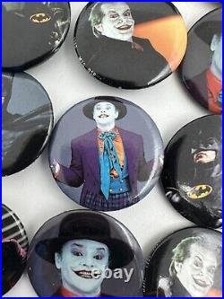 Vintage 1989 Batman Movie Button Pin Pinbacks Box Nicholson Joker Keaton 106 pcs