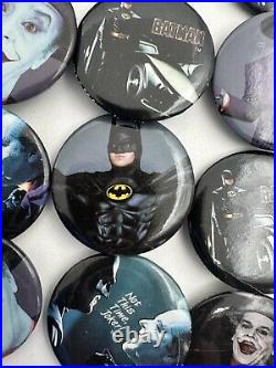 Vintage 1989 Batman Movie Button Pin Pinbacks Box Nicholson Joker Keaton 106 pcs