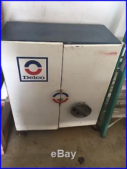 Vintage 36x31 Delco Wheeled Metal Shop Cabinet Advertising All Metal