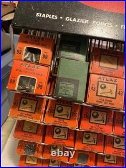 Vintage Atlas Tack and Nail Bar wire rack counter display with (65) NOS boxes