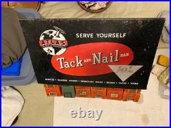Vintage Atlas Tack and Nail Bar wire rack counter display with (65) NOS boxes