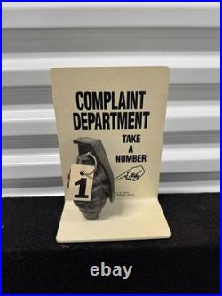 Vintage COMPLAINT DEPARTMENT DUMMY GRENADE TAKE ANUMBER COUNTER TOP DISPLAY SIGN